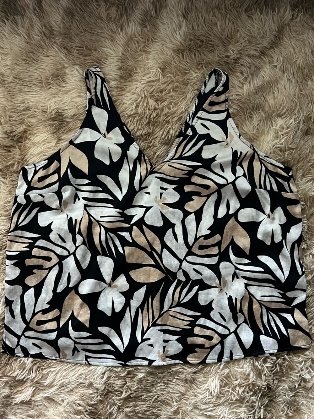 Old Navy Black Floral Tank Top with White and Beige Leaf Print